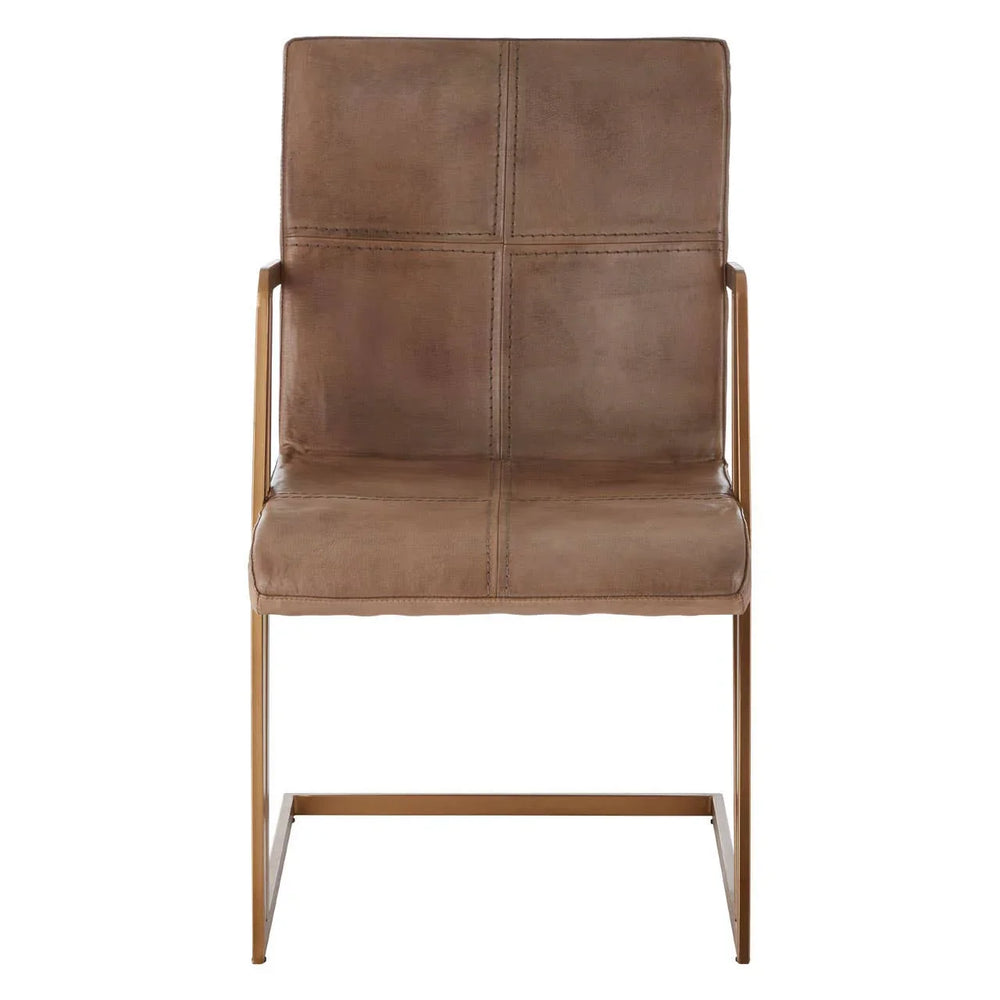 Brown leather dining chair with gold metal frame and stitched detail, front view