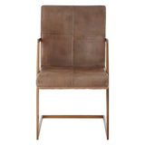 Brown leather dining chair with gold metal frame and stitched detail, front view