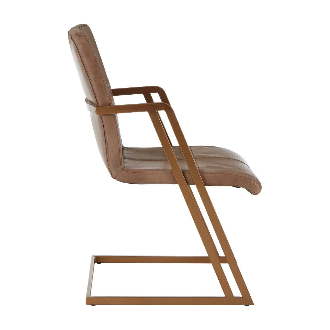 Brown leather dining chair with metal frame and armrests, side view