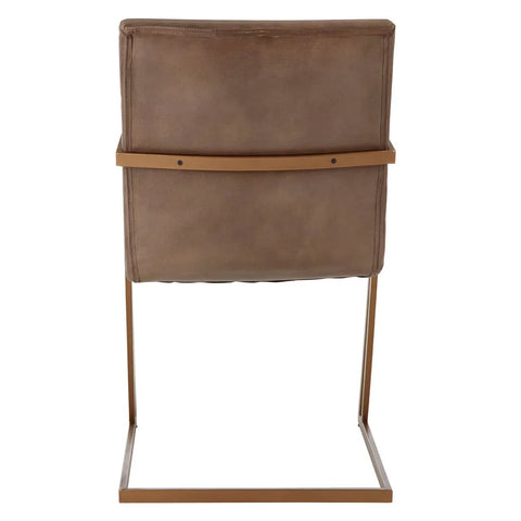 Back view of brown faux leather dining chair with metal frame and supportive cushion