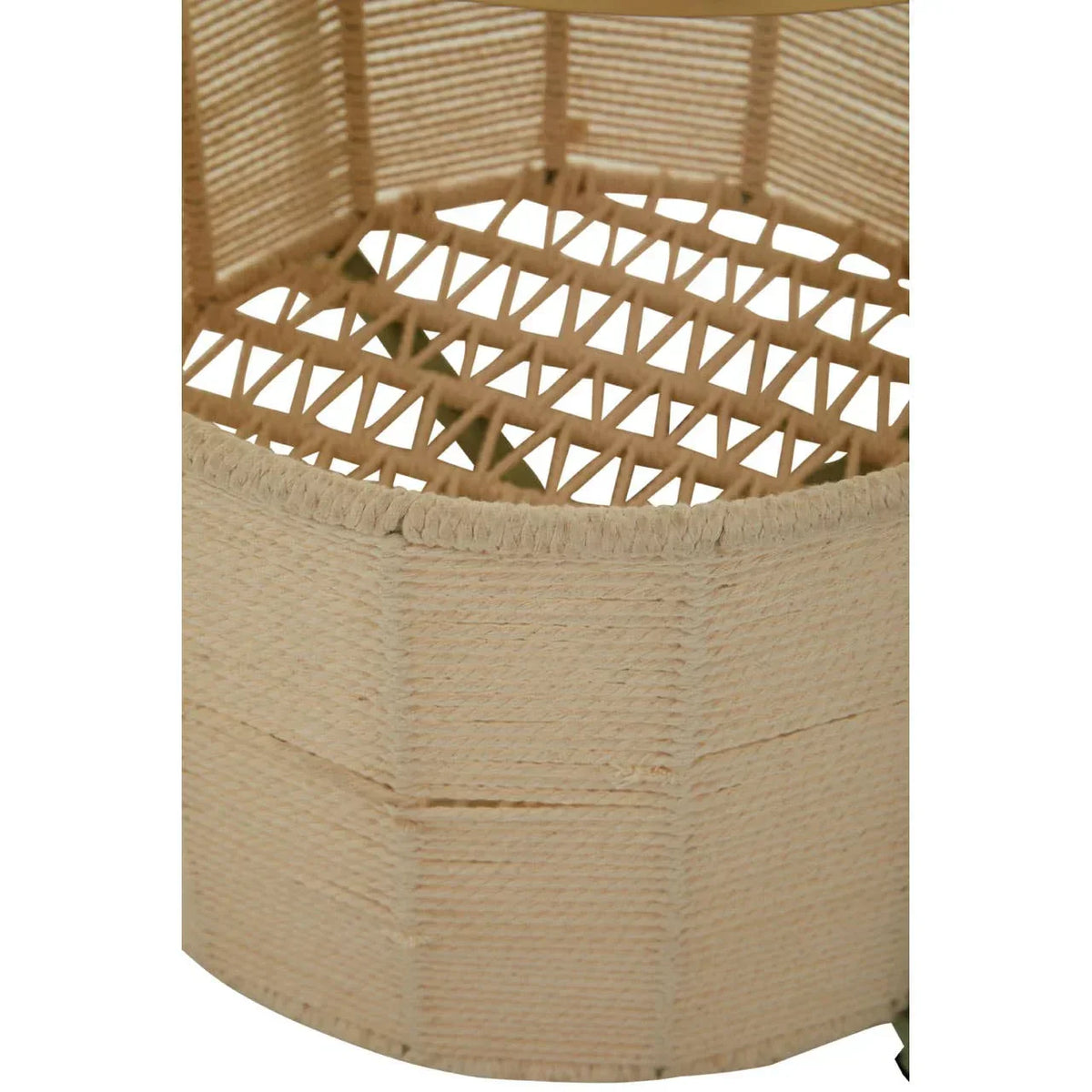 Close up of woven rattan side table with beige rope detailing and open weave pattern