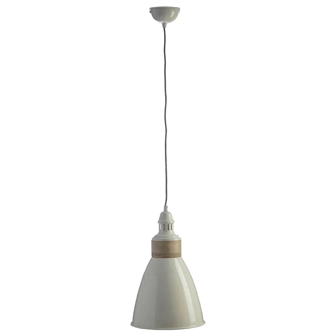 Cream metal pendant ceiling light with wooden accent and fabric cord