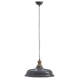 Grey metal pendant ceiling light with wooden accent and black fabric cord
