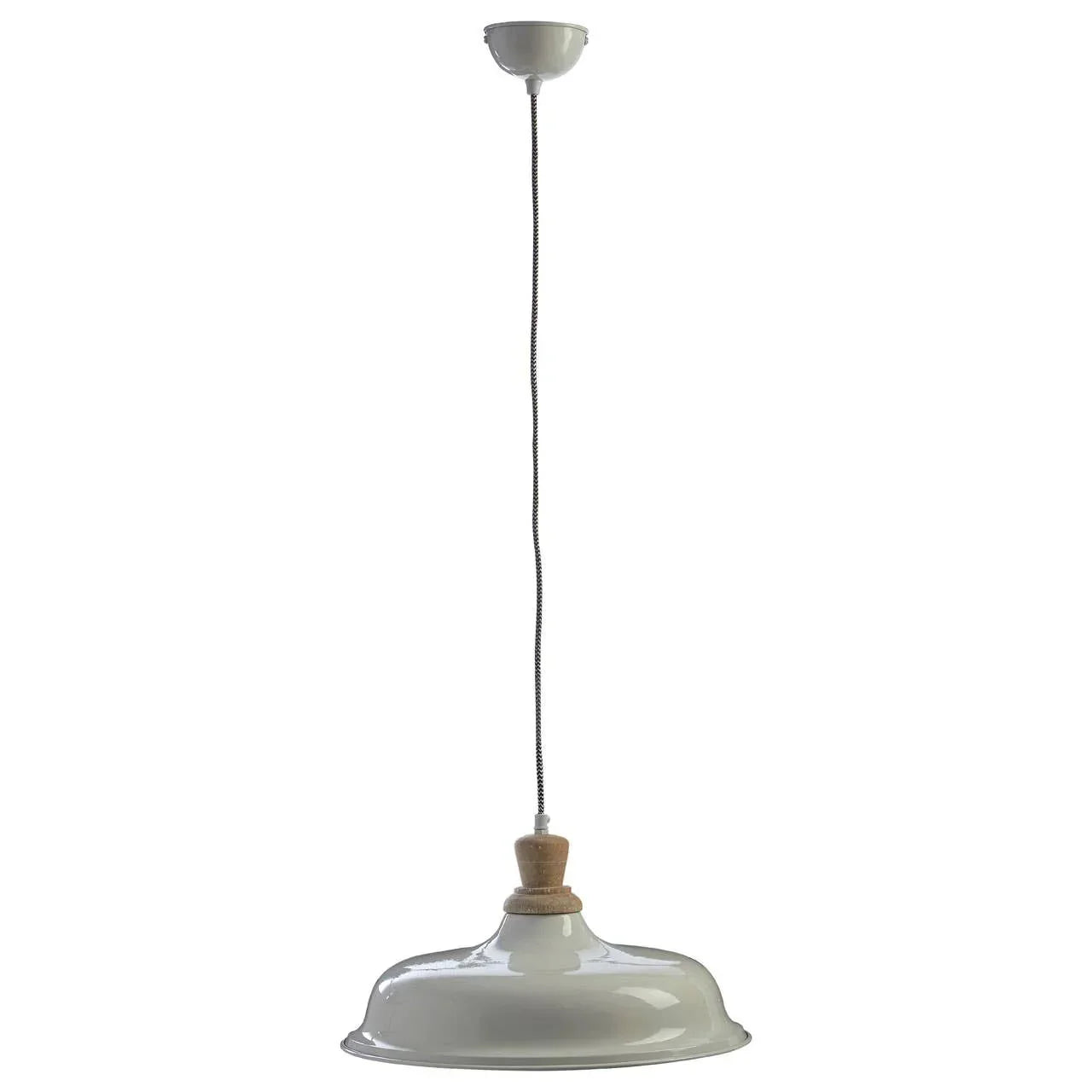 White metal pendant light with wooden accent and braided cord, suspended against white background