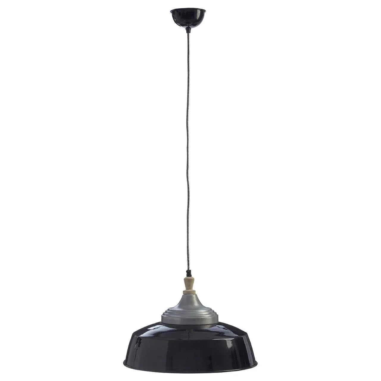 Black metal pendant ceiling light with cord and silver fitting