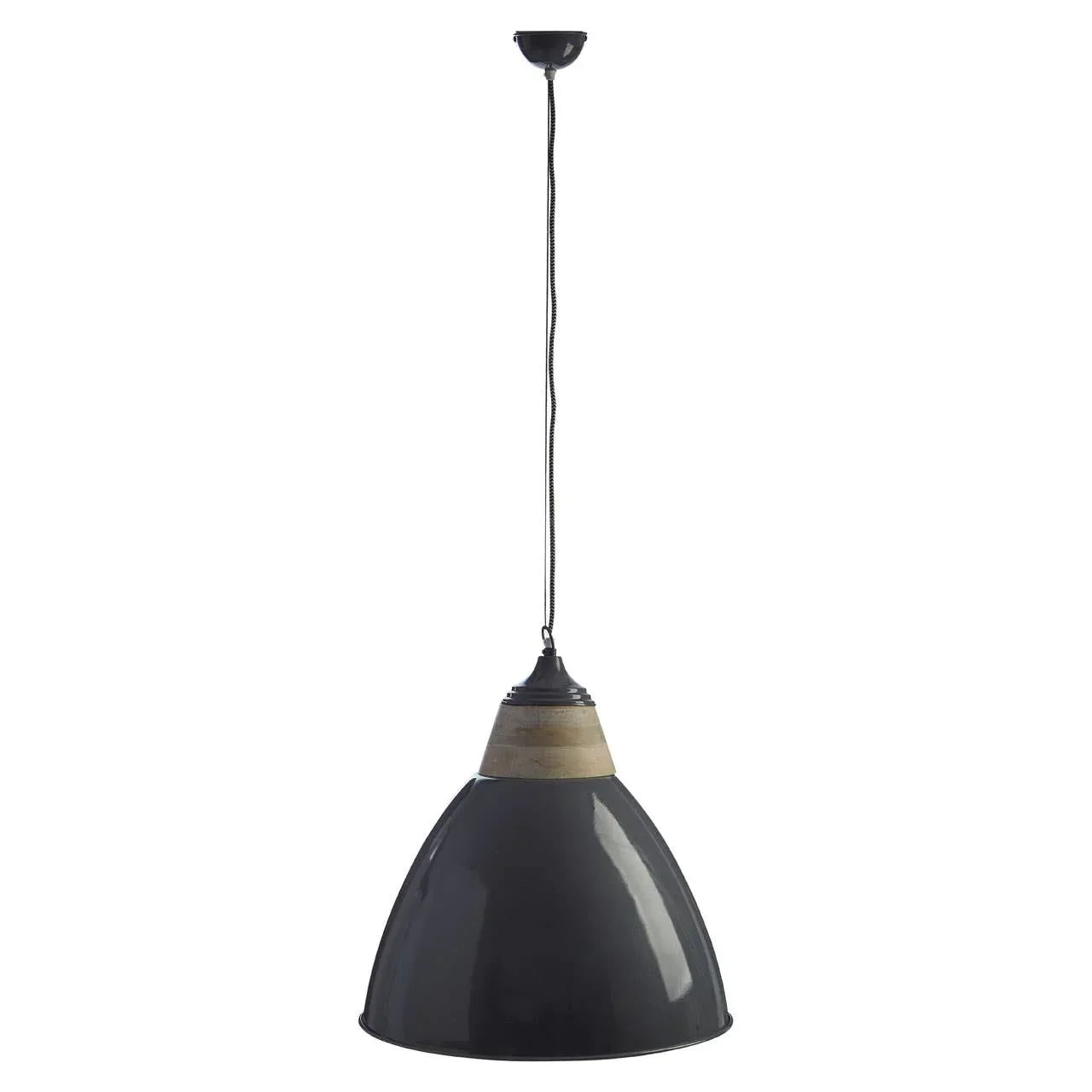 Black metal pendant light with wooden detail and long hanging cord