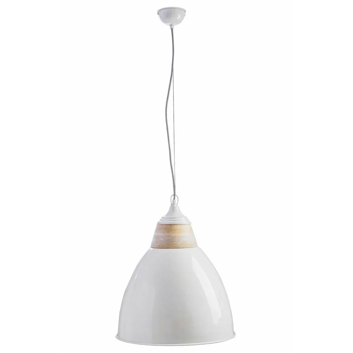White pendant ceiling light with wooden accent and dome shade