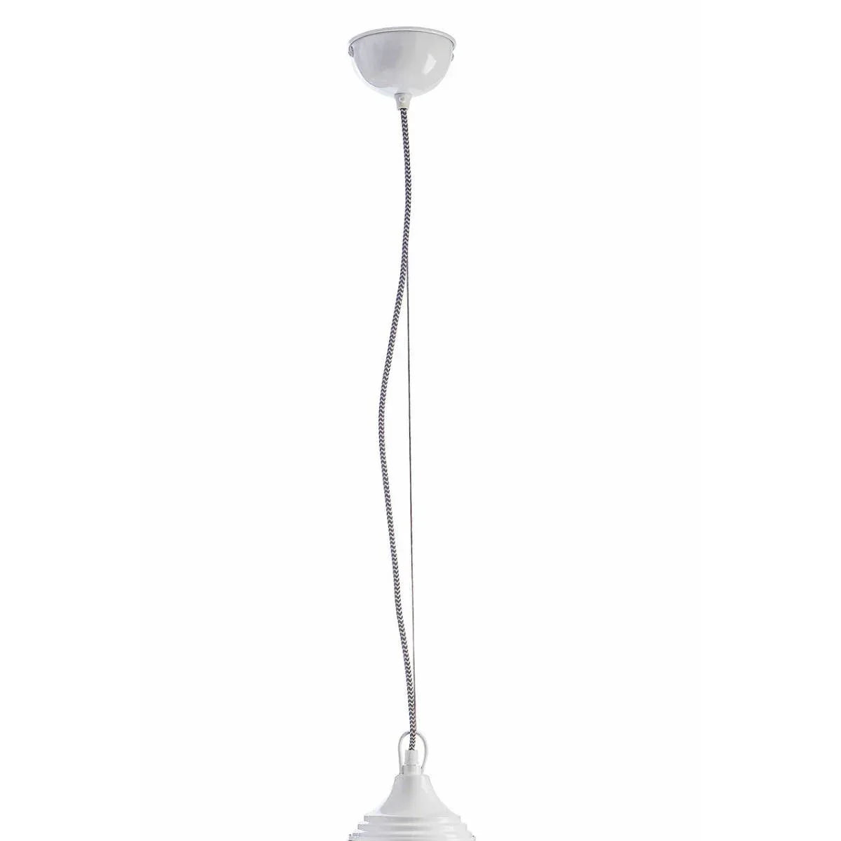 White pendant ceiling light fitting with black and white braided suspension cable