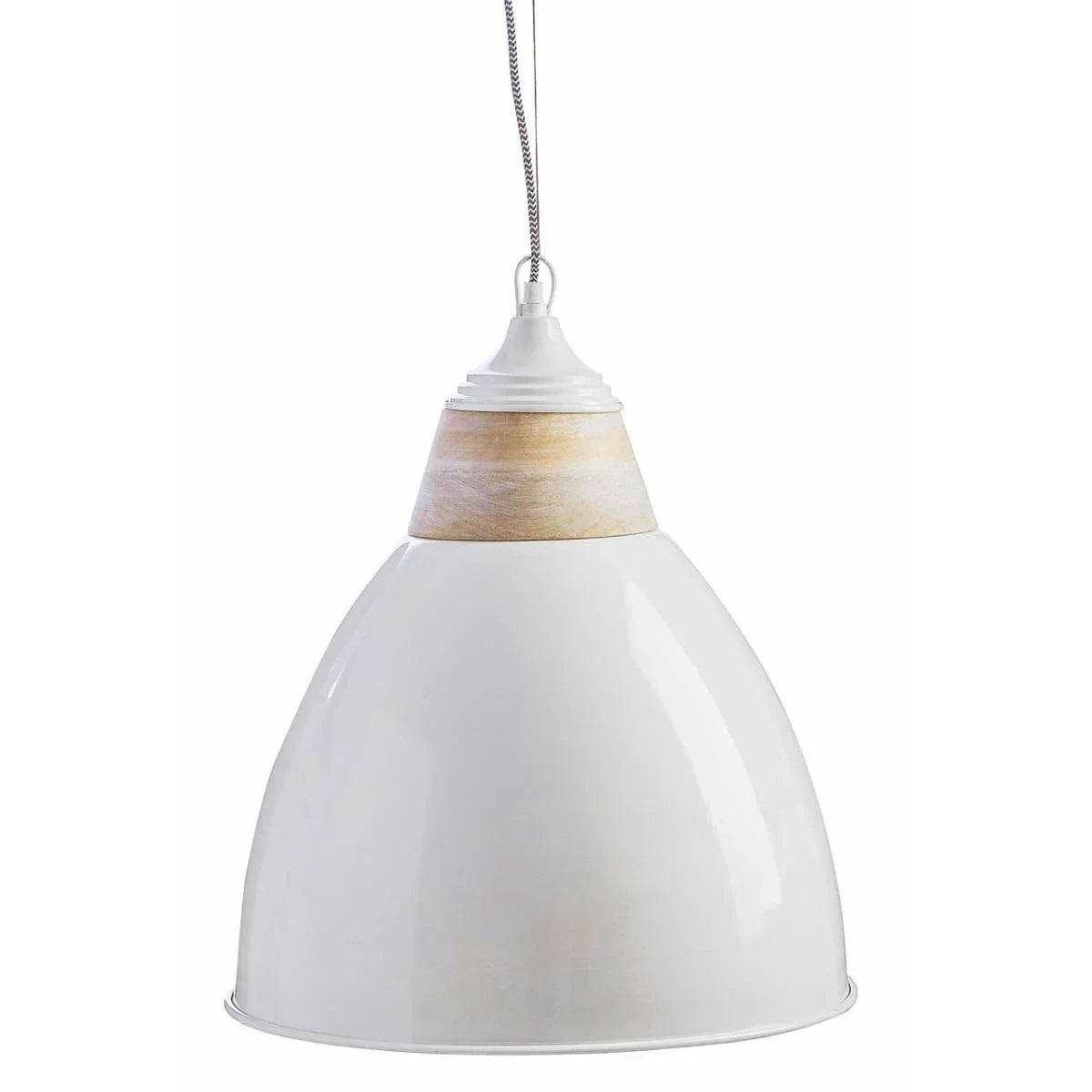 white pendant light with wooden detail and metal shade hanging by cord