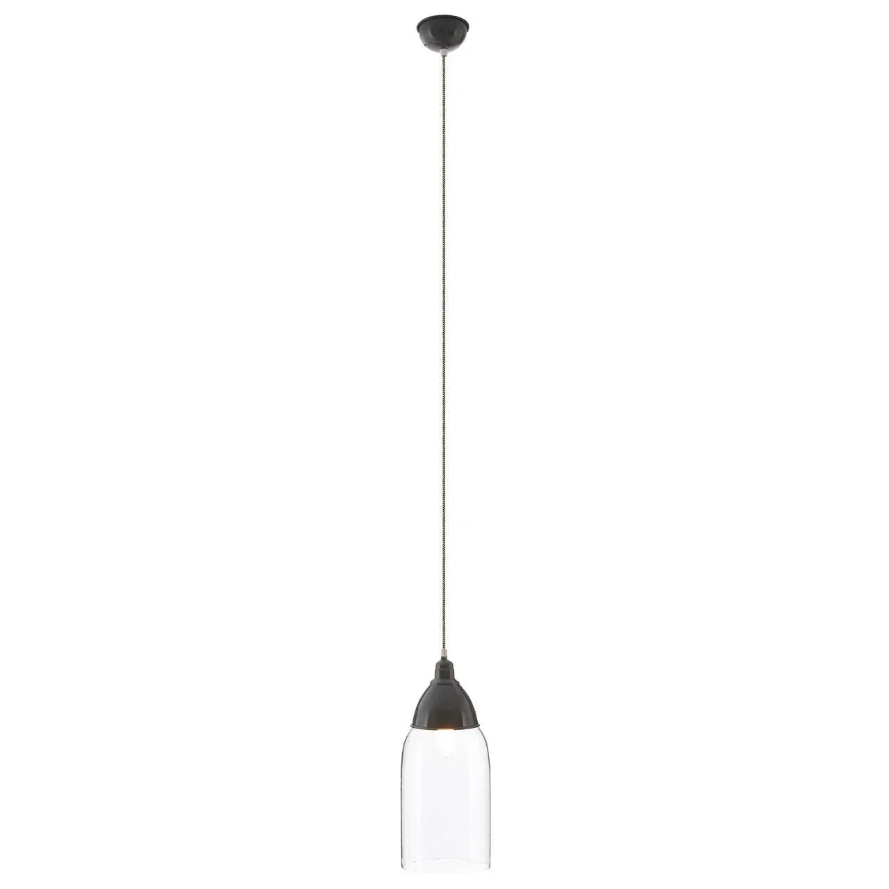 Glass pendant ceiling light with black metal fixture and long cord