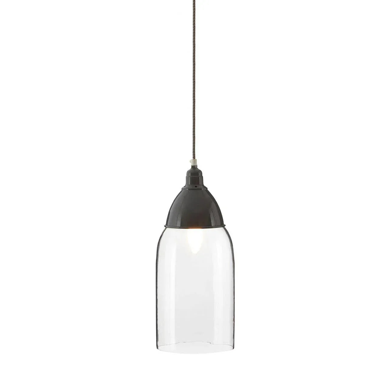Glass pendant light with black metal top and exposed bulb, hanging from ceiling