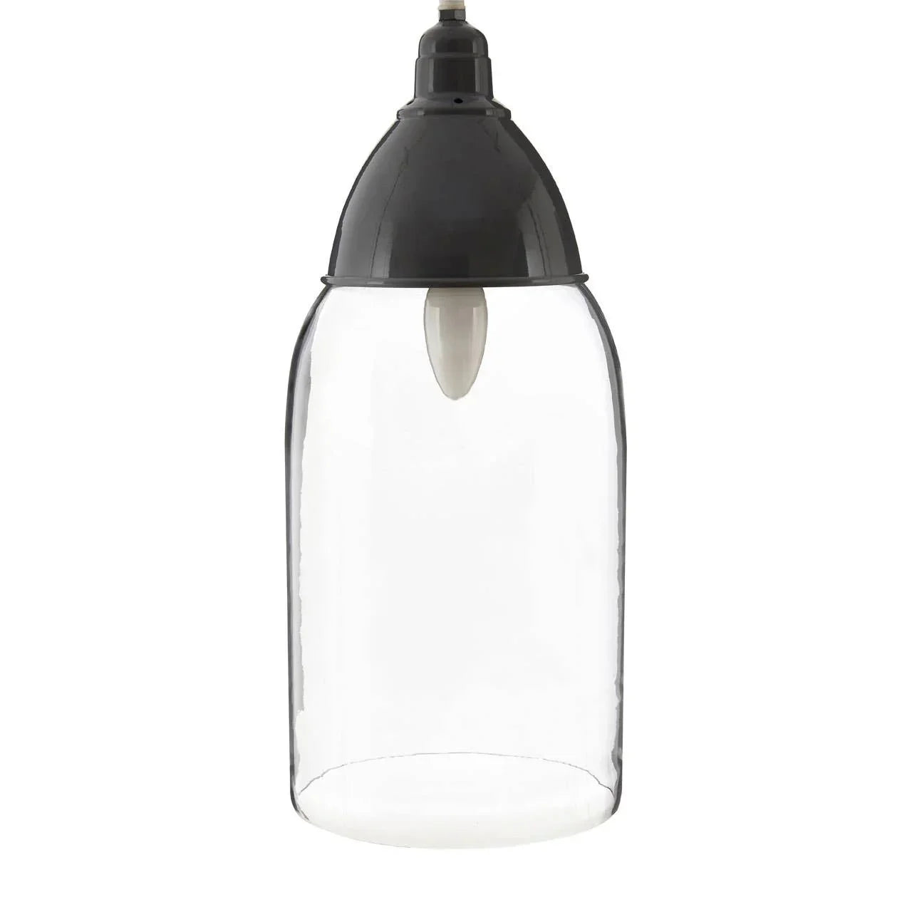 Clear glass pendant light with black metal top and visible bulb, hanging lighting fixture