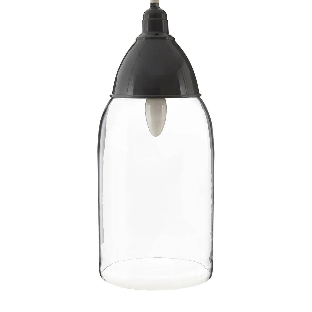 Clear glass pendant light with black metal top and visible bulb, hanging lighting fixture