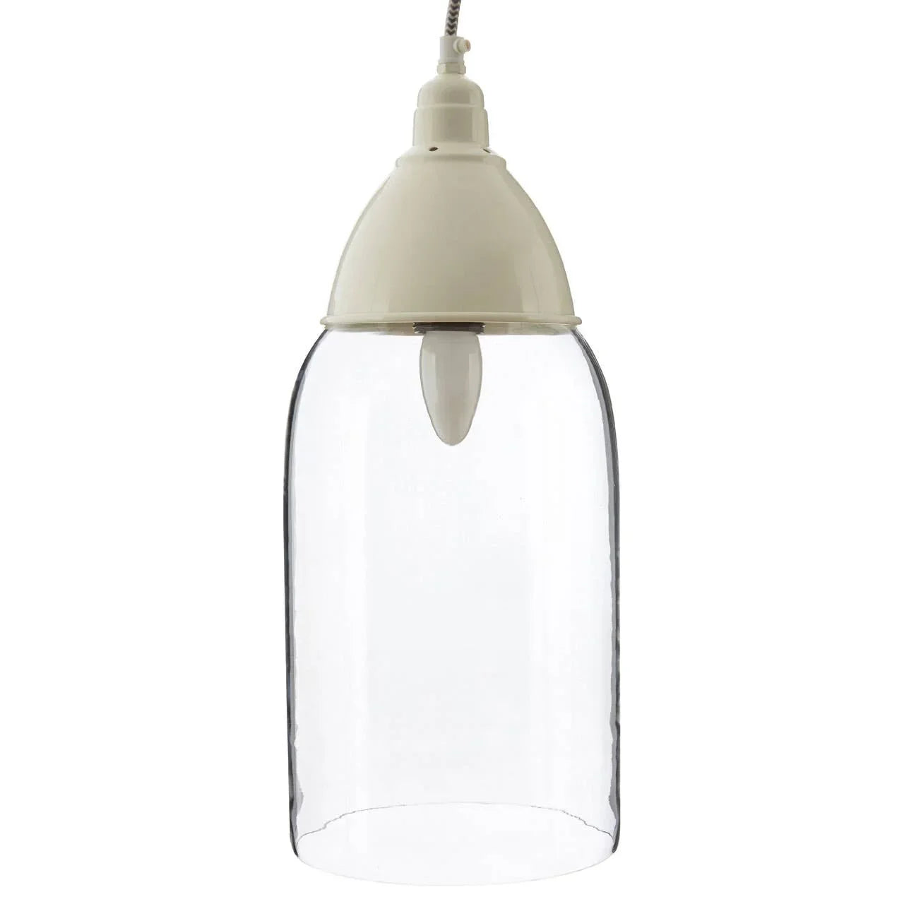 Clear glass pendant ceiling light with white metal fixture and exposed bulb