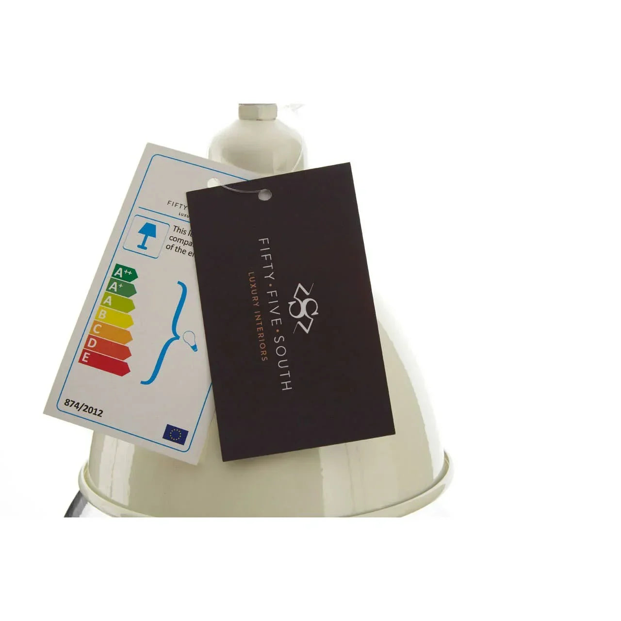White metal lamp shade with energy efficiency label and Fifty Five South tag
