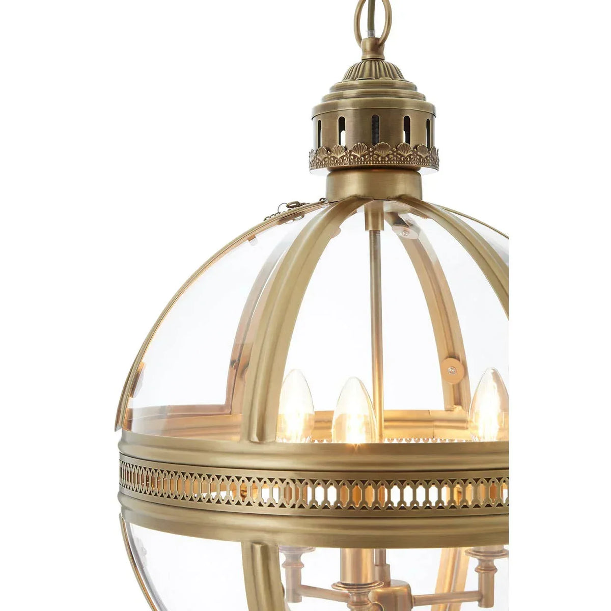Brass and glass dome pendant light with exposed bulbs and decorative metal band detail