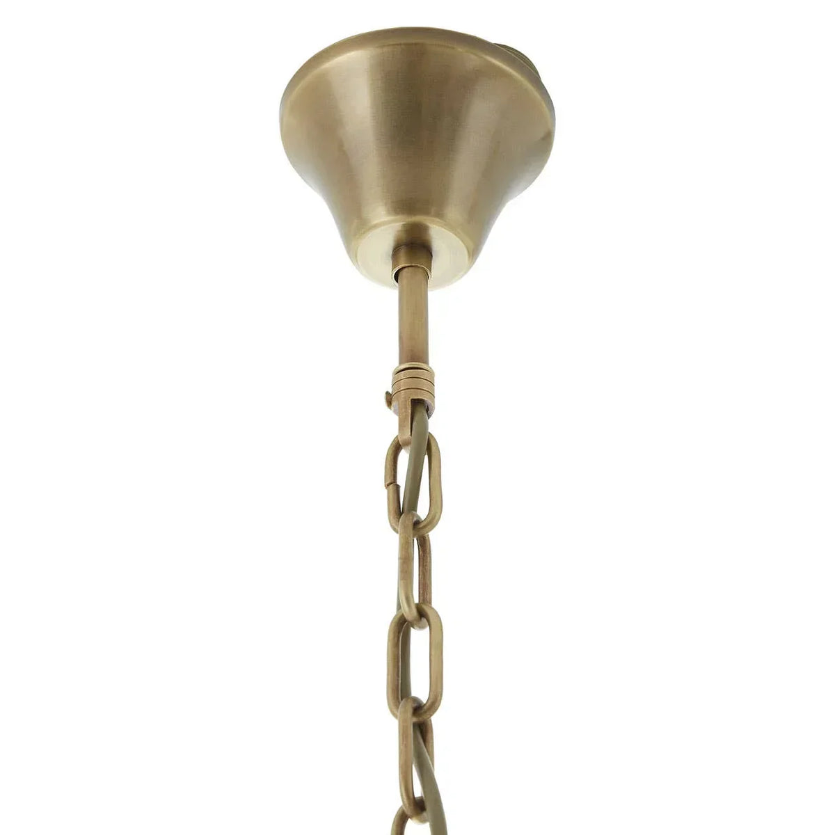 Brass ceiling rose and chain for pendant light fixture, close-up view