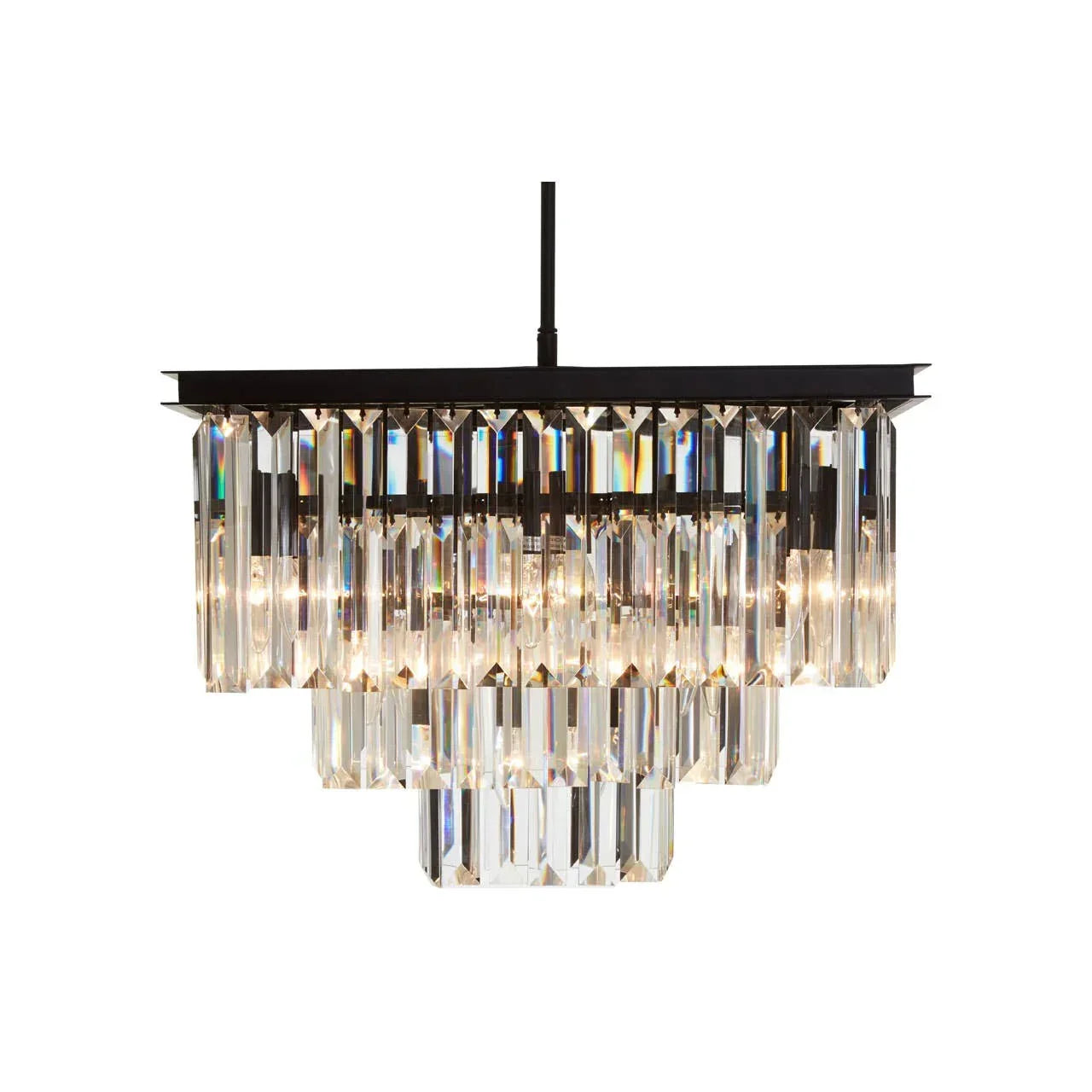 Black frame crystal chandelier with tiered glass prisms and warm lighting