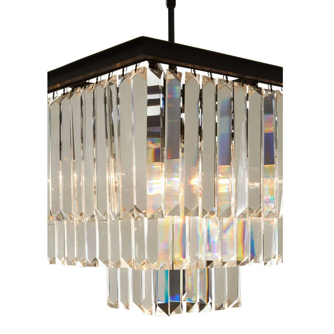 Square crystal chandelier with layered glass prisms and black frame, close-up angle