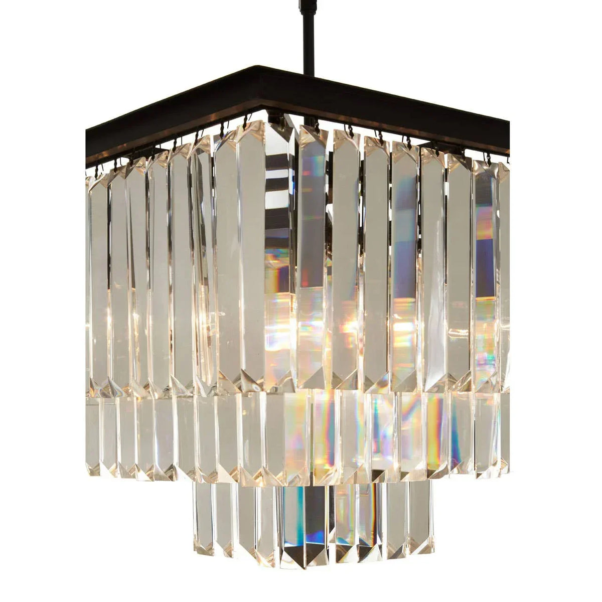Square crystal chandelier with layered glass prisms and black frame, close-up angle