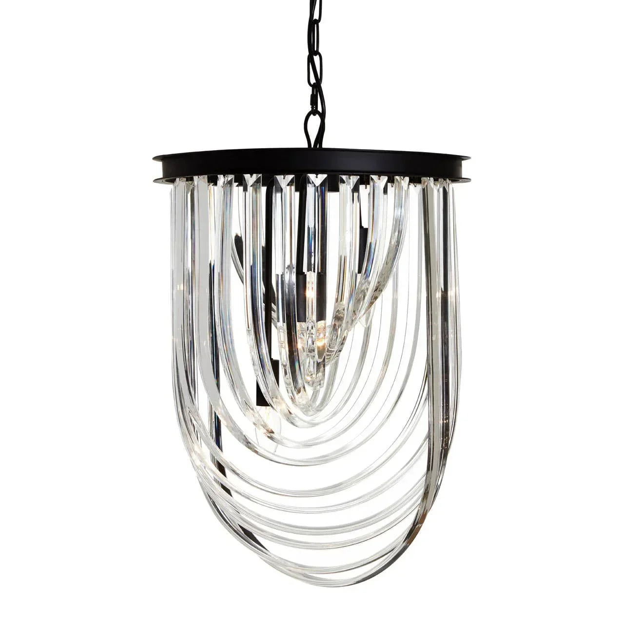 Modern crystal chandelier with black frame and curved hanging glass rods