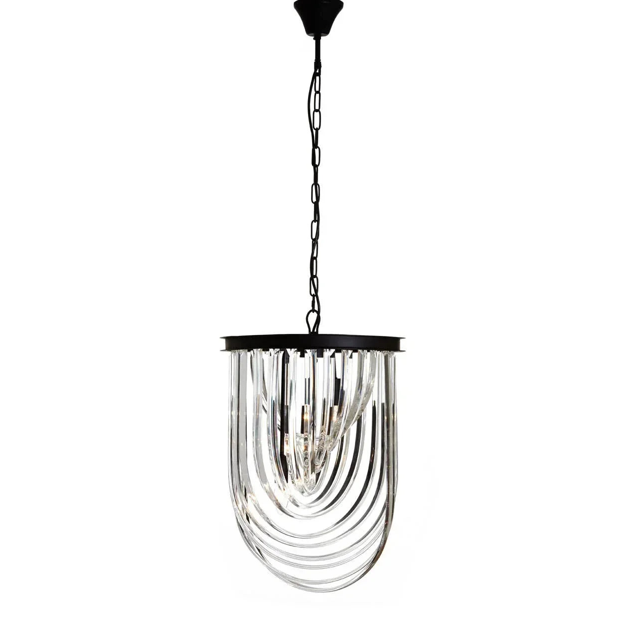 Black frame modern glass chandelier pendant light with curved clear glass rods