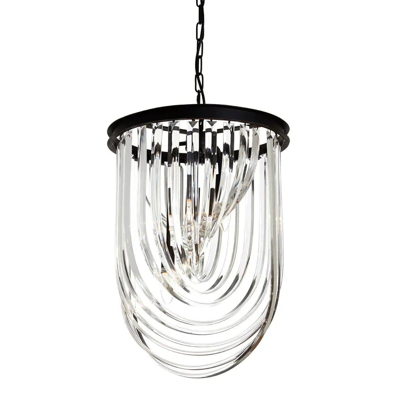 Contemporary glass chandelier with black frame and curved clear crystal rods, hanging chain