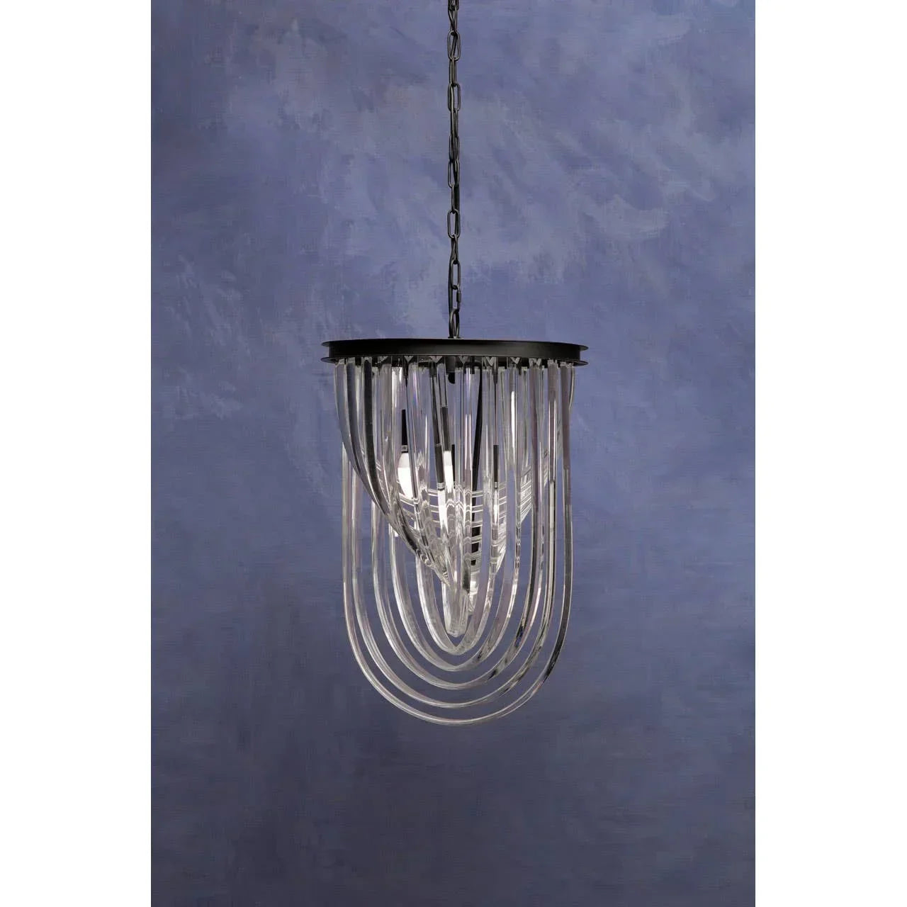 Contemporary pendant ceiling light with clear glass curved rods and black metal frame
