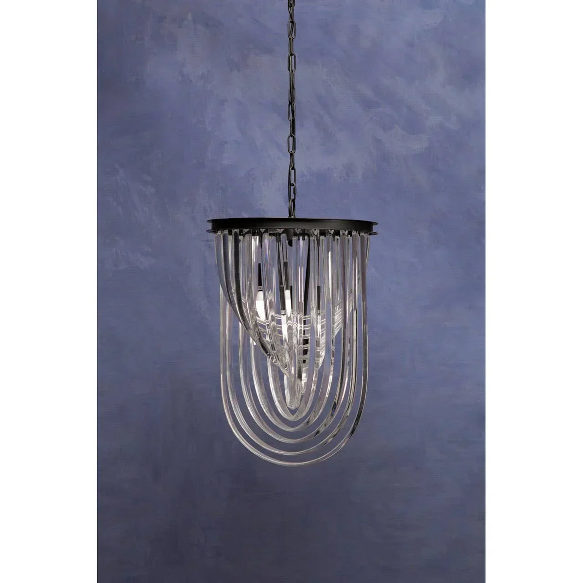 Contemporary pendant ceiling light with clear glass curved rods and black metal frame