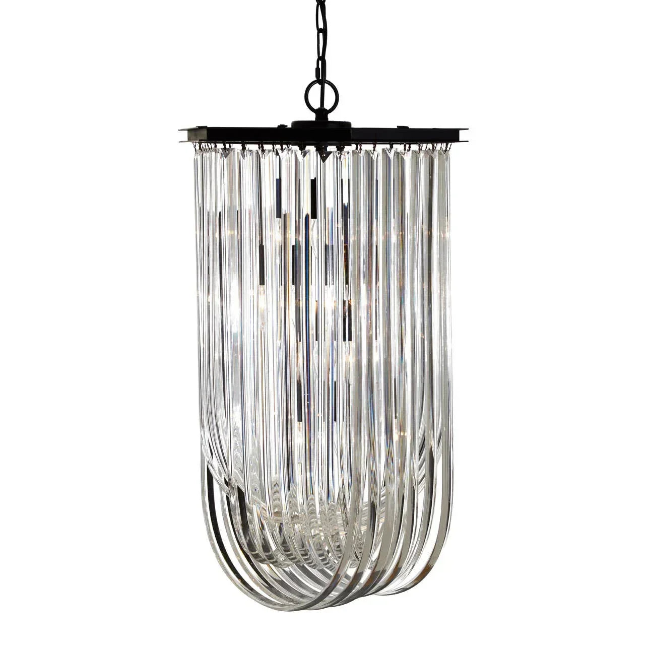 Modern glass tube chandelier with black metal frame and chain hanging fixture