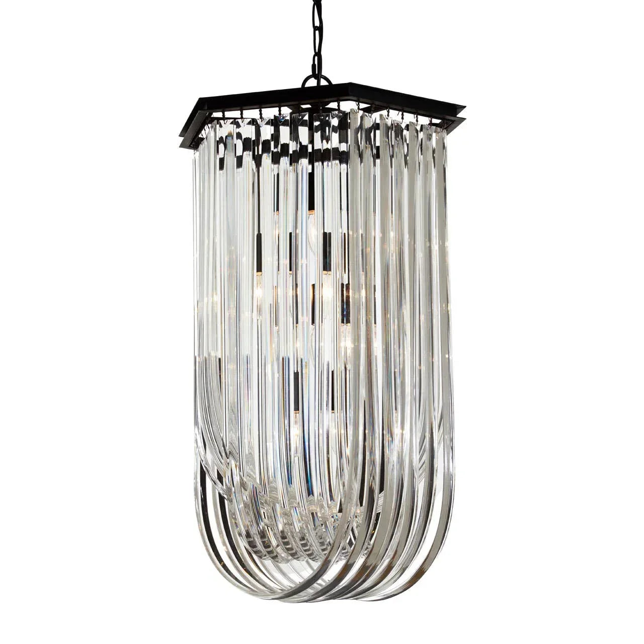 Modern chandelier with black frame and curved glass prisms hanging in vertical rows