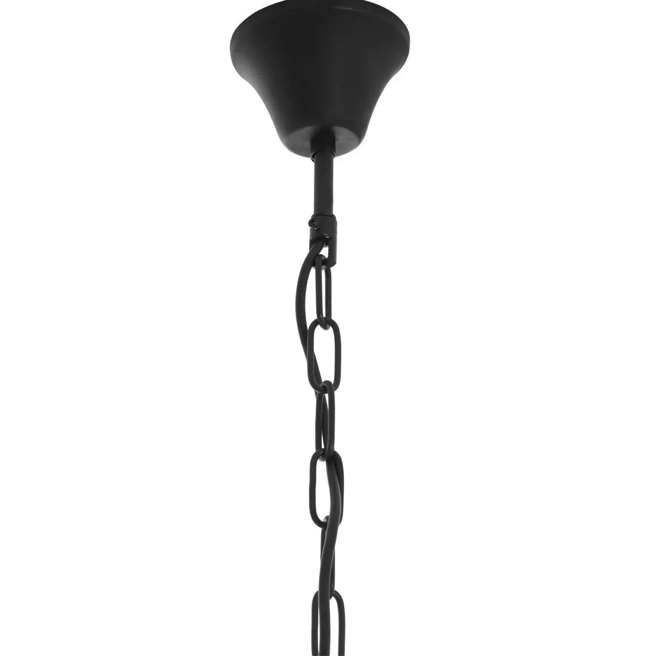 Black metal pendant light chain and ceiling canopy, close-up view