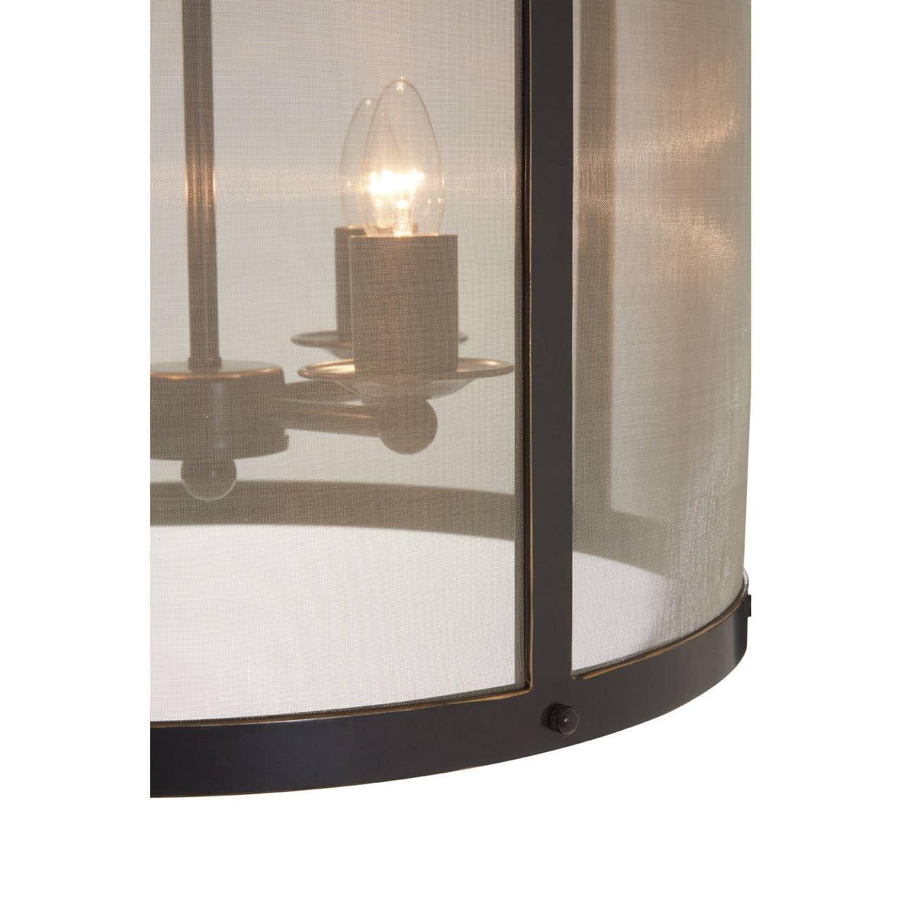 Close up of modern metal chandelier with mesh shade and exposed bulb detail