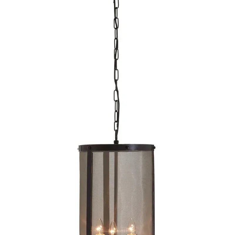 Industrial pendant light with black mesh drum shade and three candle-style bulbs