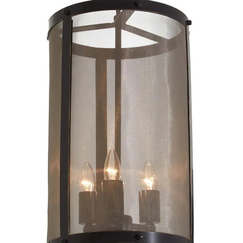 Black metal pendant light with mesh shade and three exposed bulbs