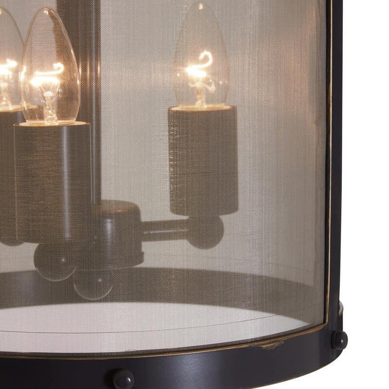 Close-up of black mesh drum pendant light with exposed bulbs