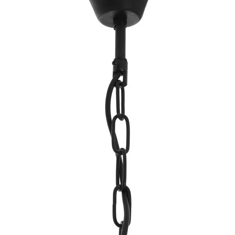 Black metal ceiling hook and chain for hanging light fixture, close-up view