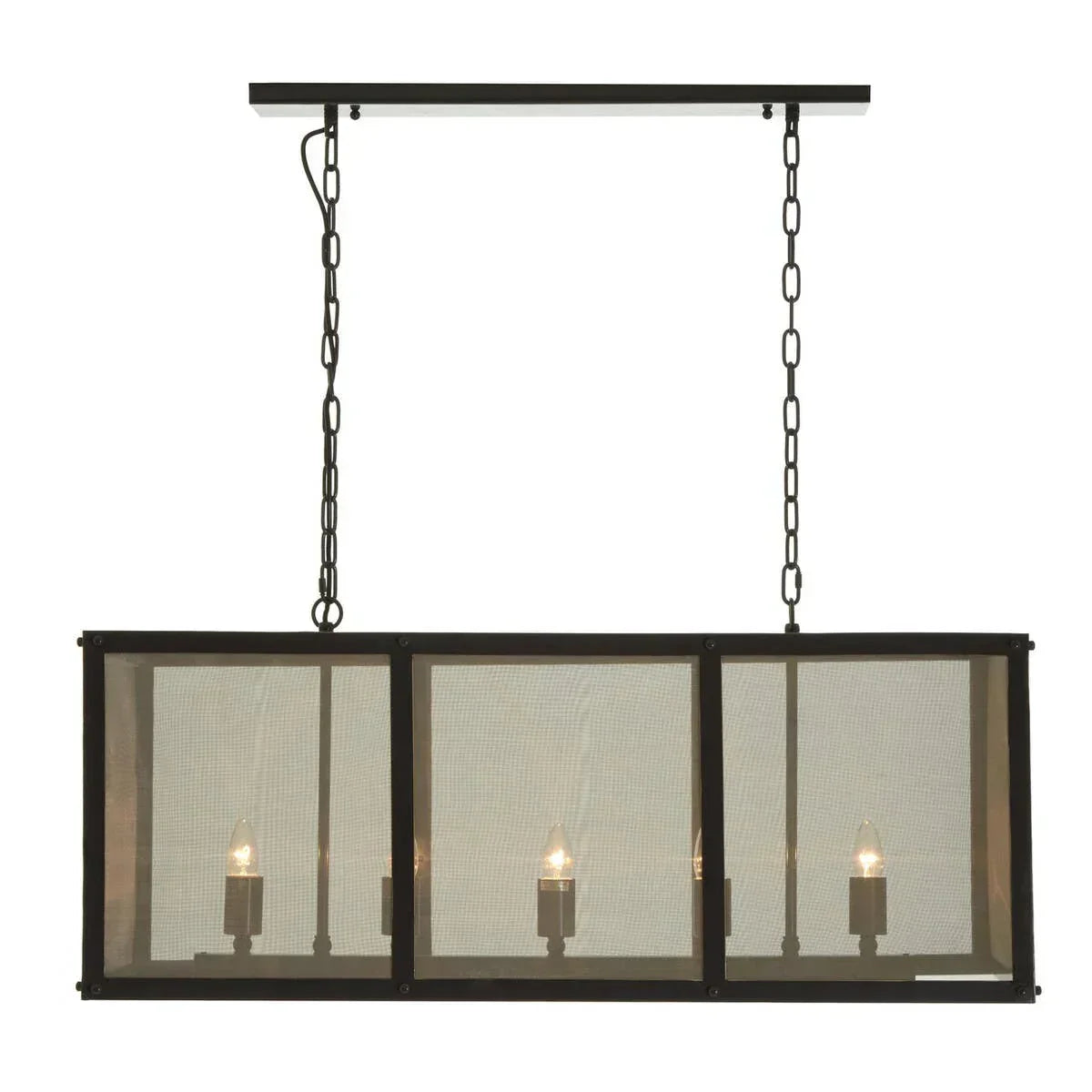 Rectangular black metal pendant light with mesh panels and four exposed bulbs