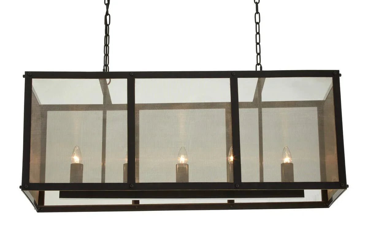 Rectangular metal frame pendant light with four candle bulbs and chain suspension