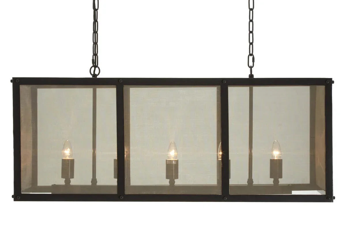 Rectangular black metal pendant light with four bulbs and mesh panels