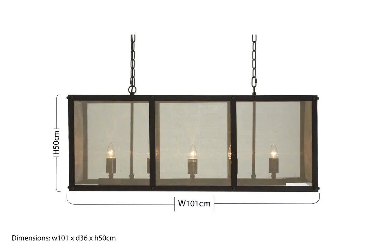 Rectangular black metal pendant light with four candle bulbs and mesh panels, 101cm wide