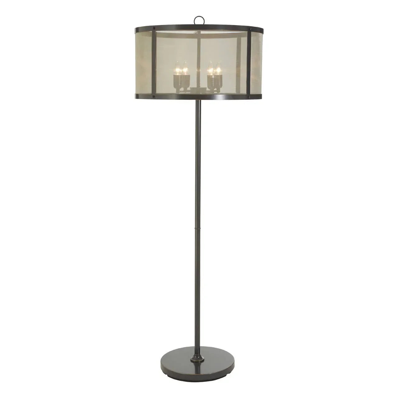 Black metal floor lamp with round mesh shade and three exposed bulbs