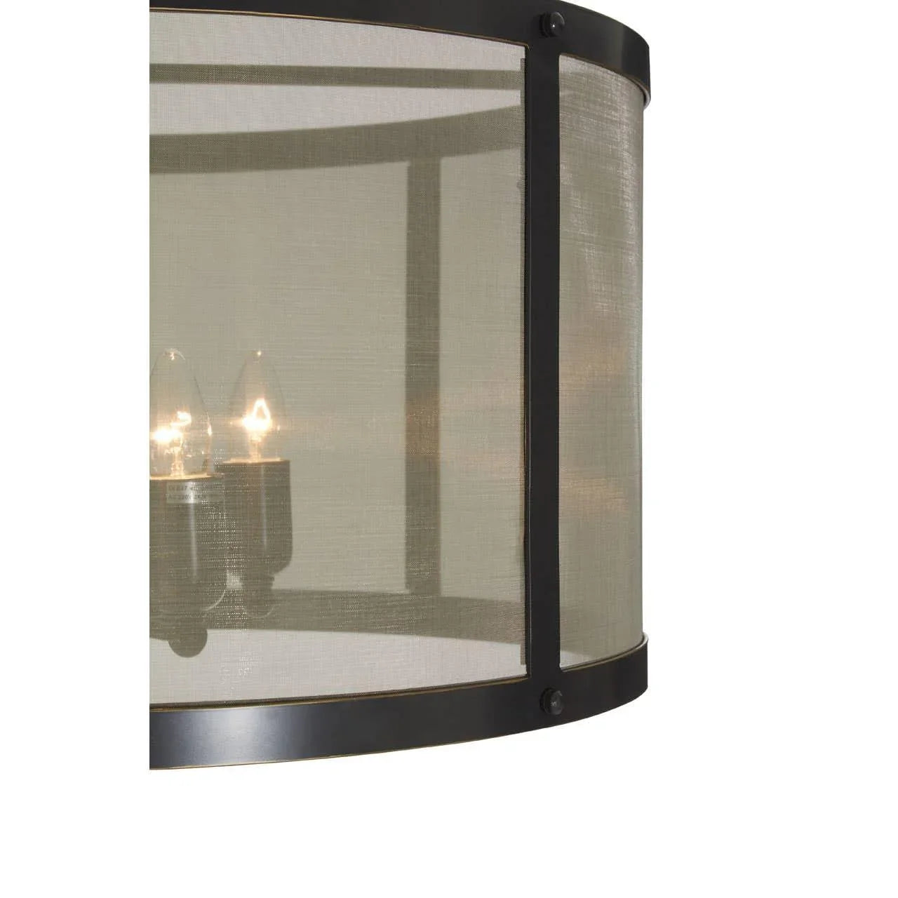 Closeup of black metal and mesh drum ceiling light with exposed bulbs