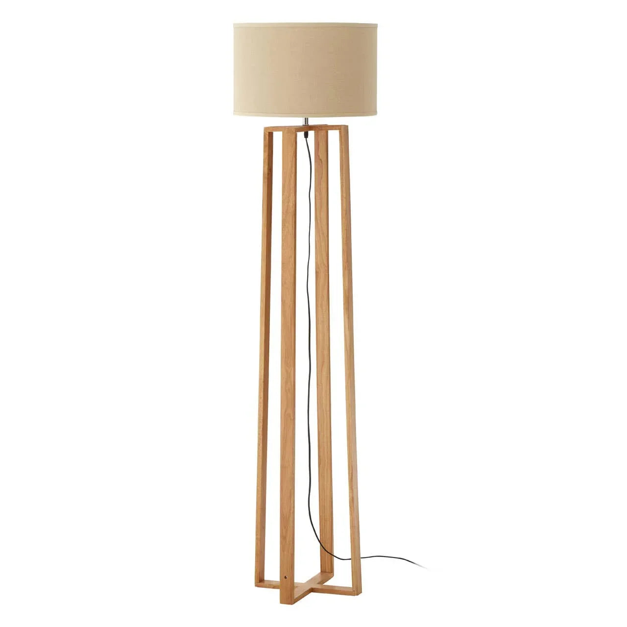 Tall wooden floor lamp with beige fabric drum shade and open tripod base