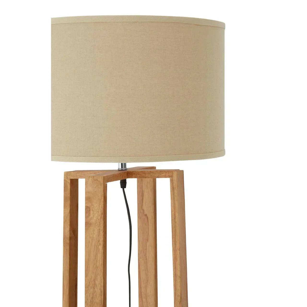 Wooden floor lamp with beige fabric drum shade and open slatted base