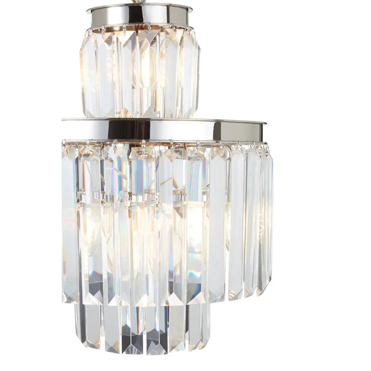 Modern crystal ceiling light with two-tier chrome frame and clear glass prisms