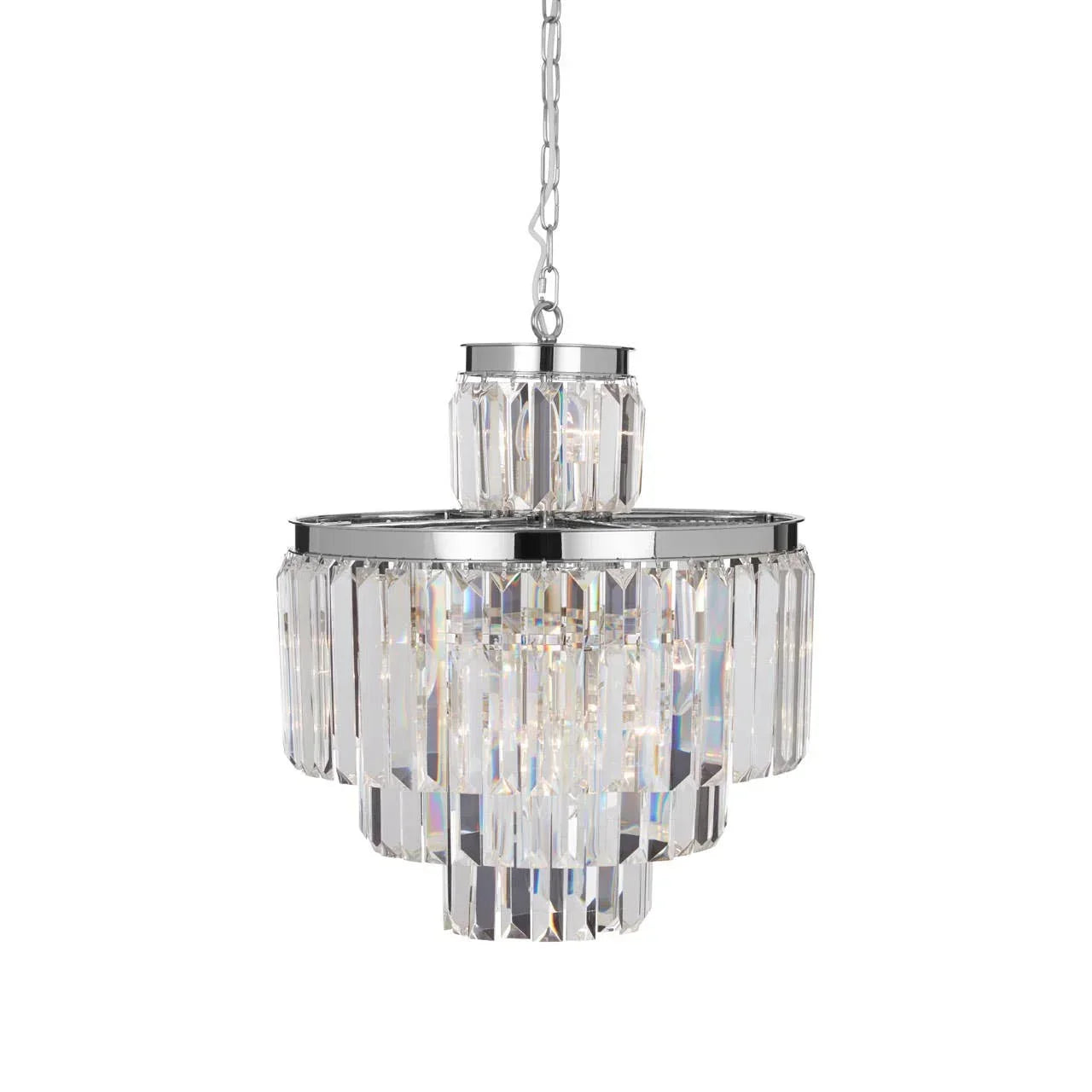 Crystal chandelier pendant light with chrome frame and tiered glass prisms