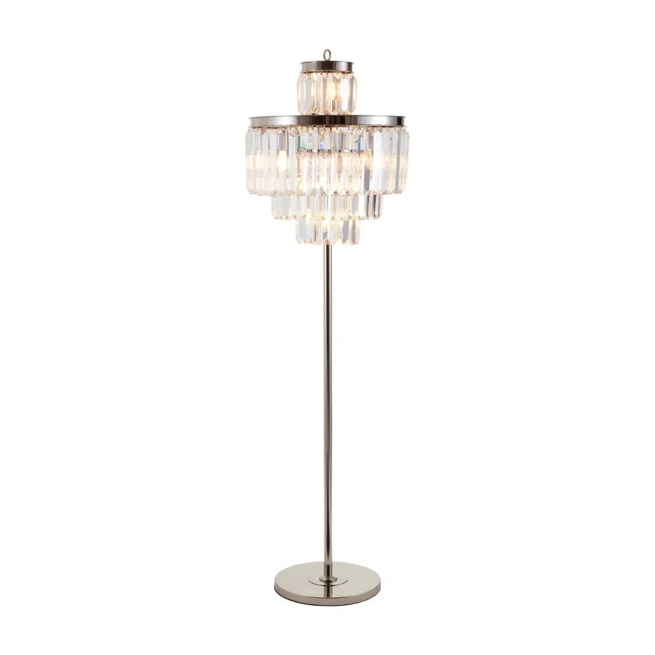 Crystal floor lamp with tiered glass prisms and chrome base