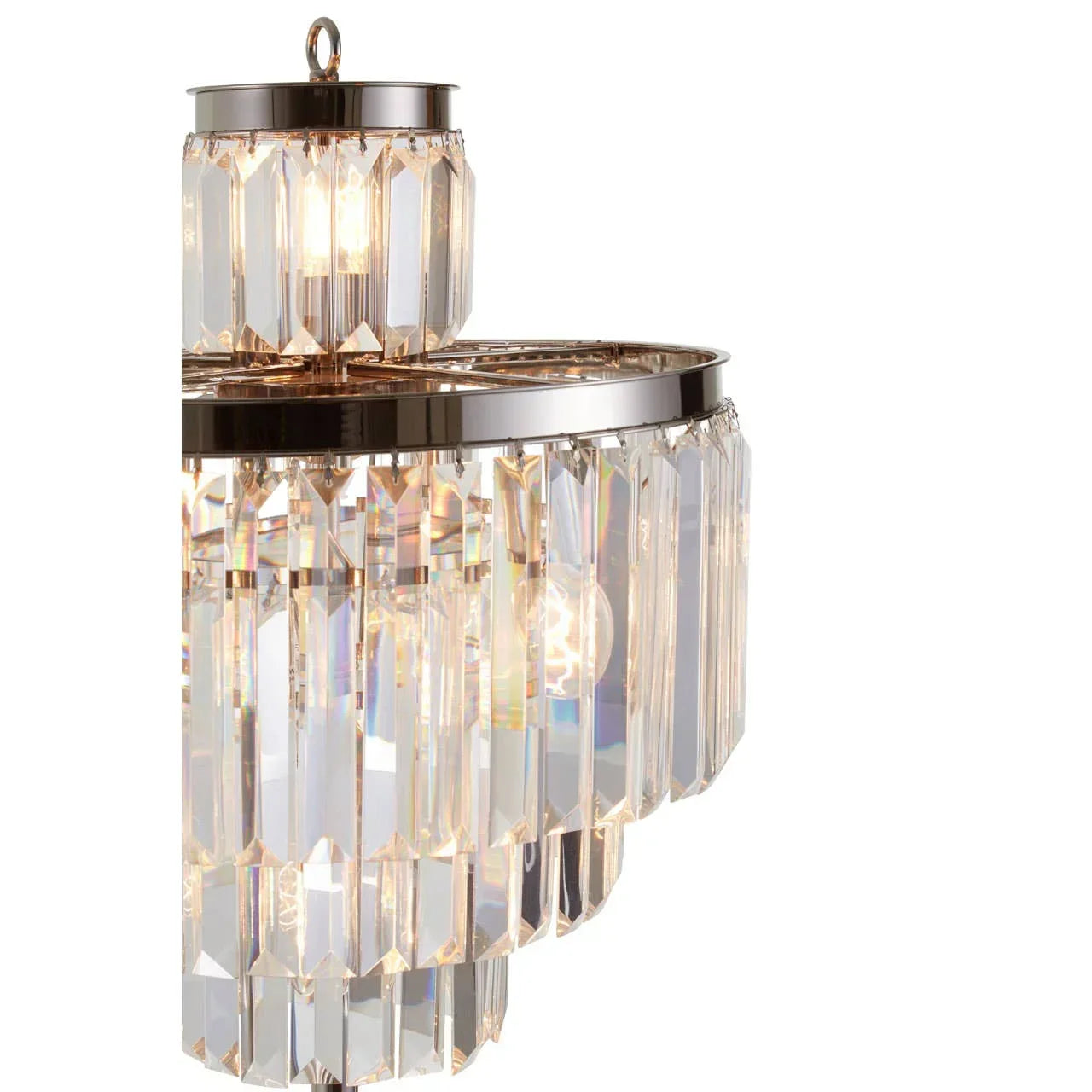 Crystal chandelier with multi-tiered glass prisms and chrome frame, illuminated bulbs visible