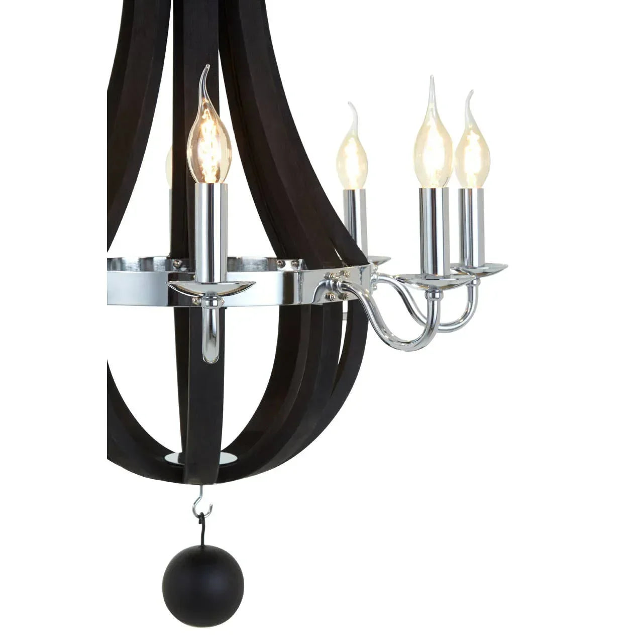 Modern chandelier with curved black wood frame, chrome arms, and four candle-style bulbs